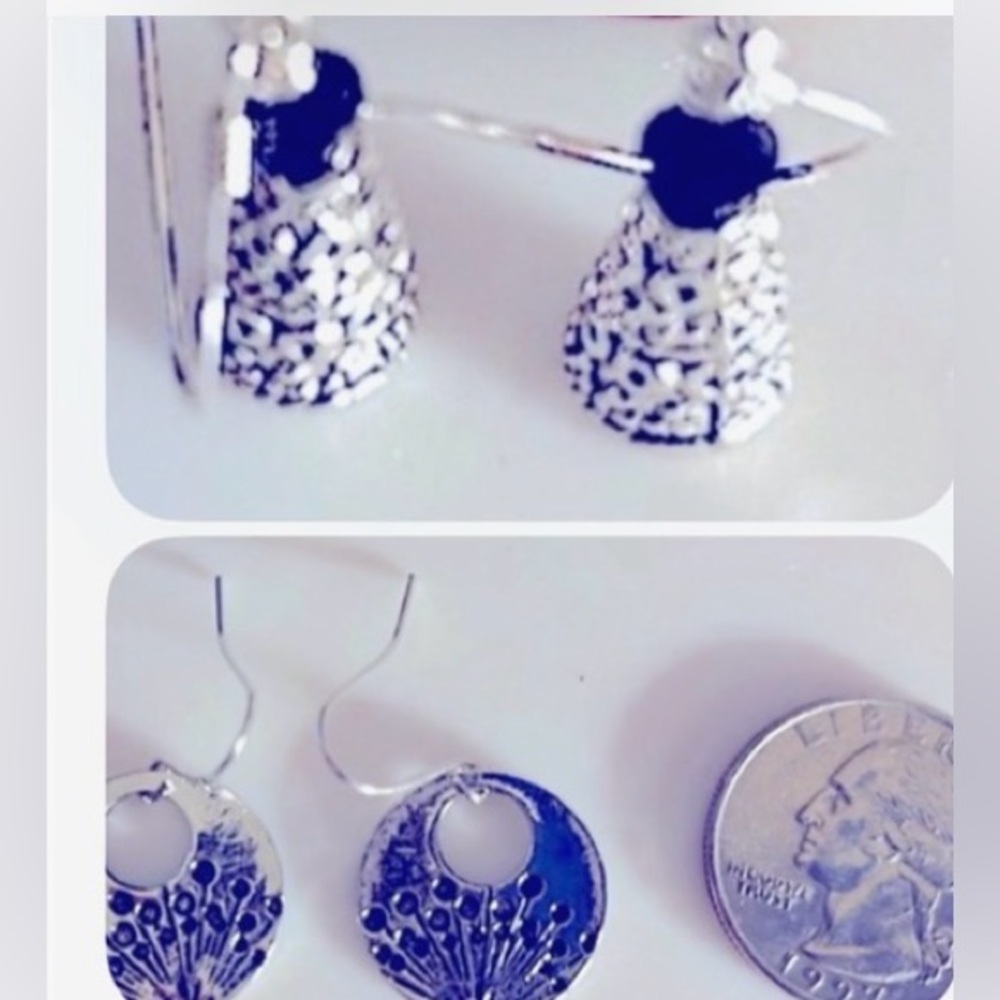 2 Pairs Earrings drop, pierced hook: cast etched cones crystal,dandelion circles